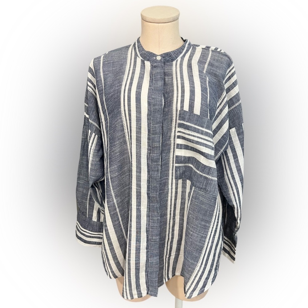 LUCKY BRAND loose fit vertical stripes long sleeve button down summer top